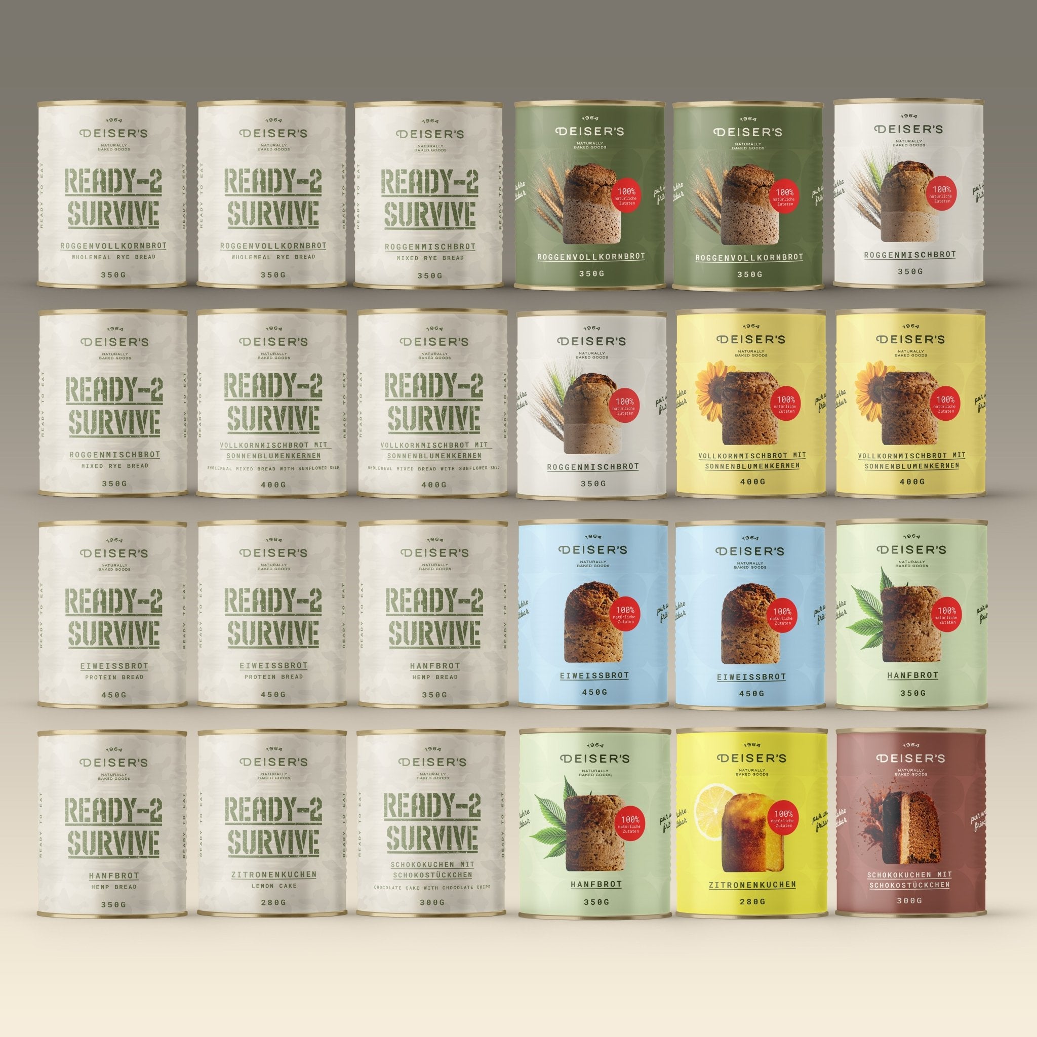 Das komplette Set – groß - 24 Dosen mit Deiser's Original und Deiser's Ready2Survive Dosen.