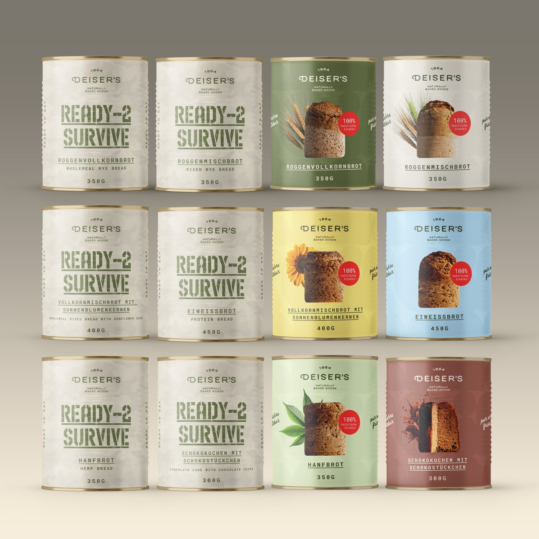 Das komplette Set haltbares Dosenbrot – klein - 12 Dosen mit Deiser's Original und Deiser's Ready2Survive Dosen.