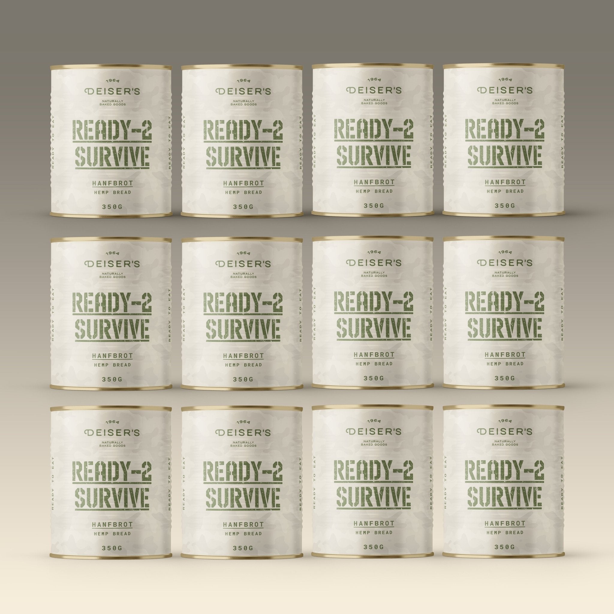 12 Stück Ready-2-Survive Dosen mit Dosenbrot, und zwar das Hanfbrot à 350g pro Dose.