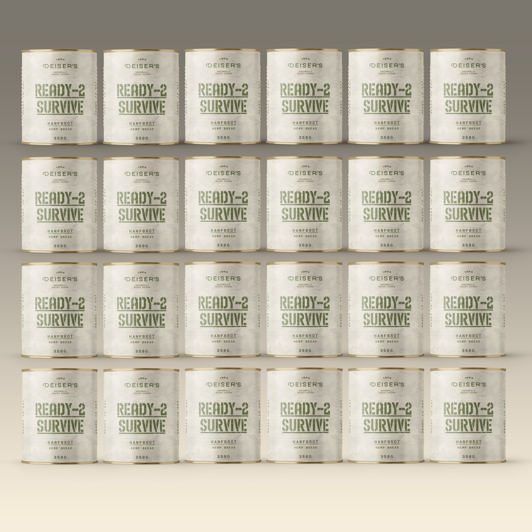 24 Stück Ready-2-Survive Dosen mit Dosenbrot, und zwar das Hanfbrot à 350g pro Dose.