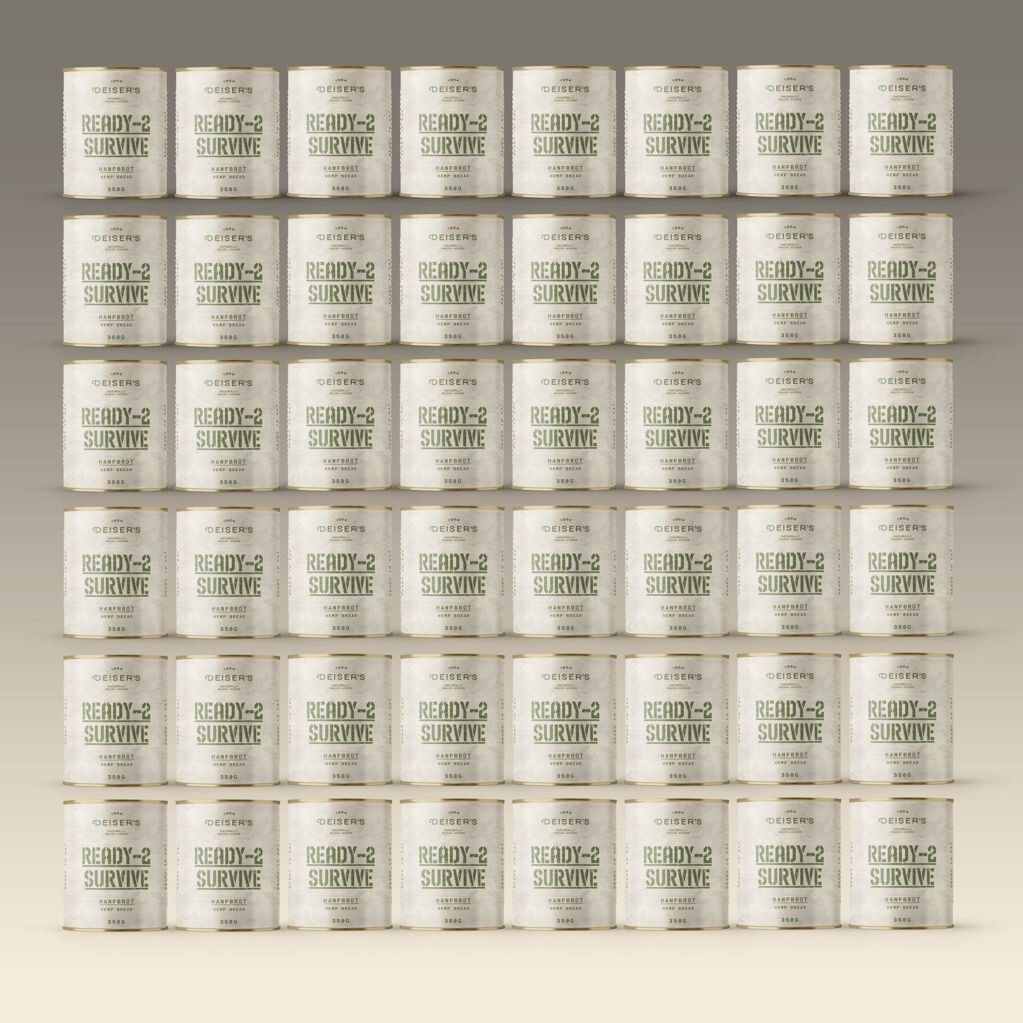 48 Stück Ready-2-Survive Dosen mit Dosenbrot, und zwar das Hanfbrot à 350g pro Dose.