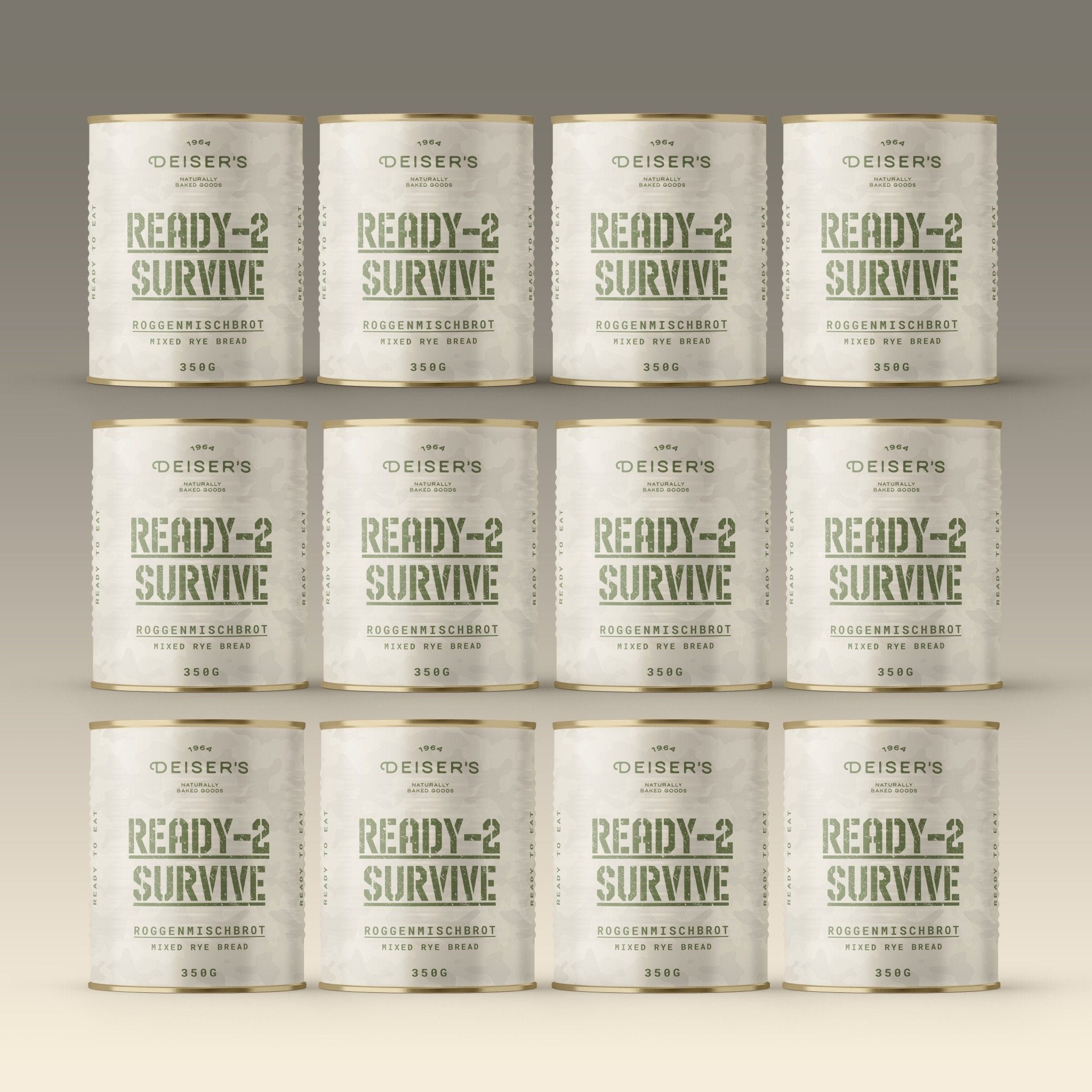 12 Stück Ready-2-Survive Dosen mit Dosenbrot, und zwar das Roggenmischbrot à 350g pro Dose.