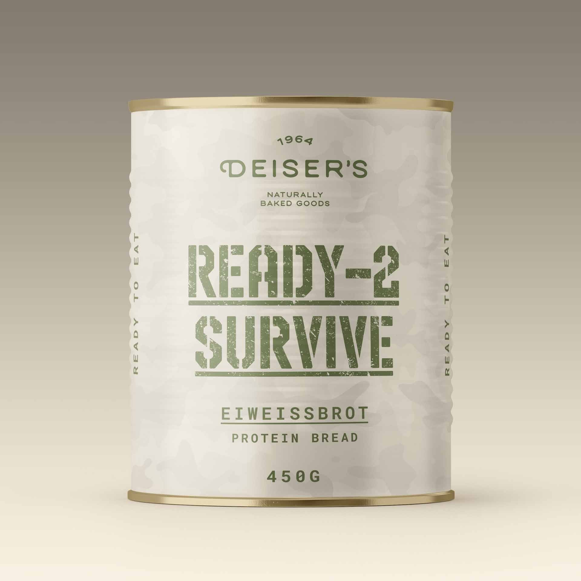 Eine Dose Ready-2-Survive Eiweißbrot von Deiser's naturally baked goods.