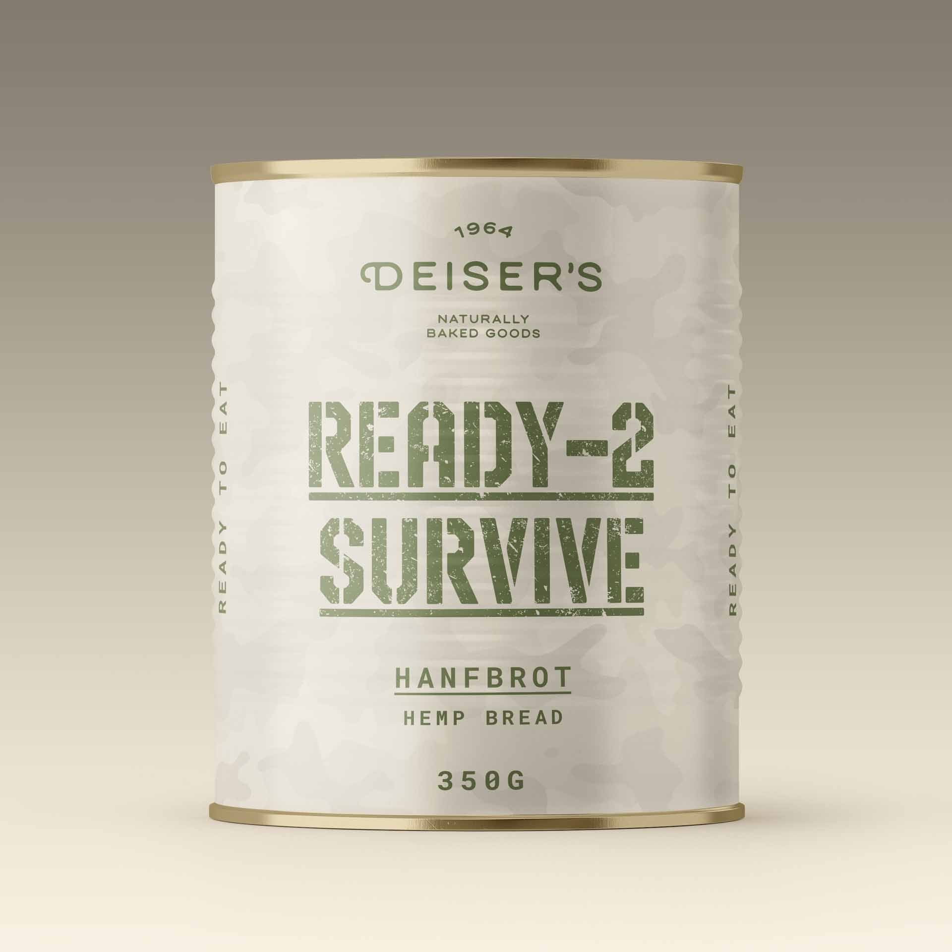 Eine Dose Ready-2-Survive Hanfbrot von Deiser's naturally baked goods.