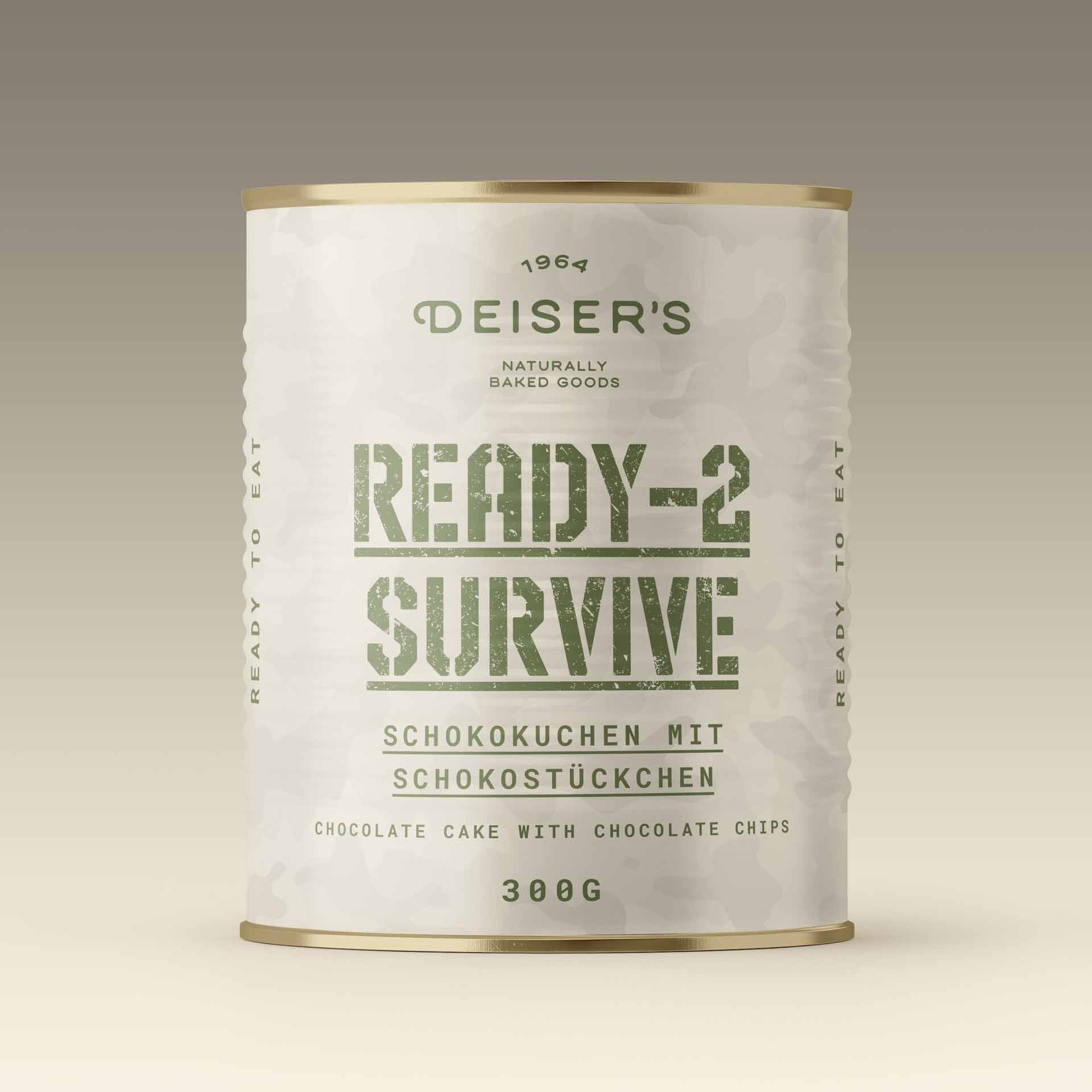 Eine Dose Ready-2-Survive Schokokuchen mit Schokostückchen von Deiser's naturally baked goods.