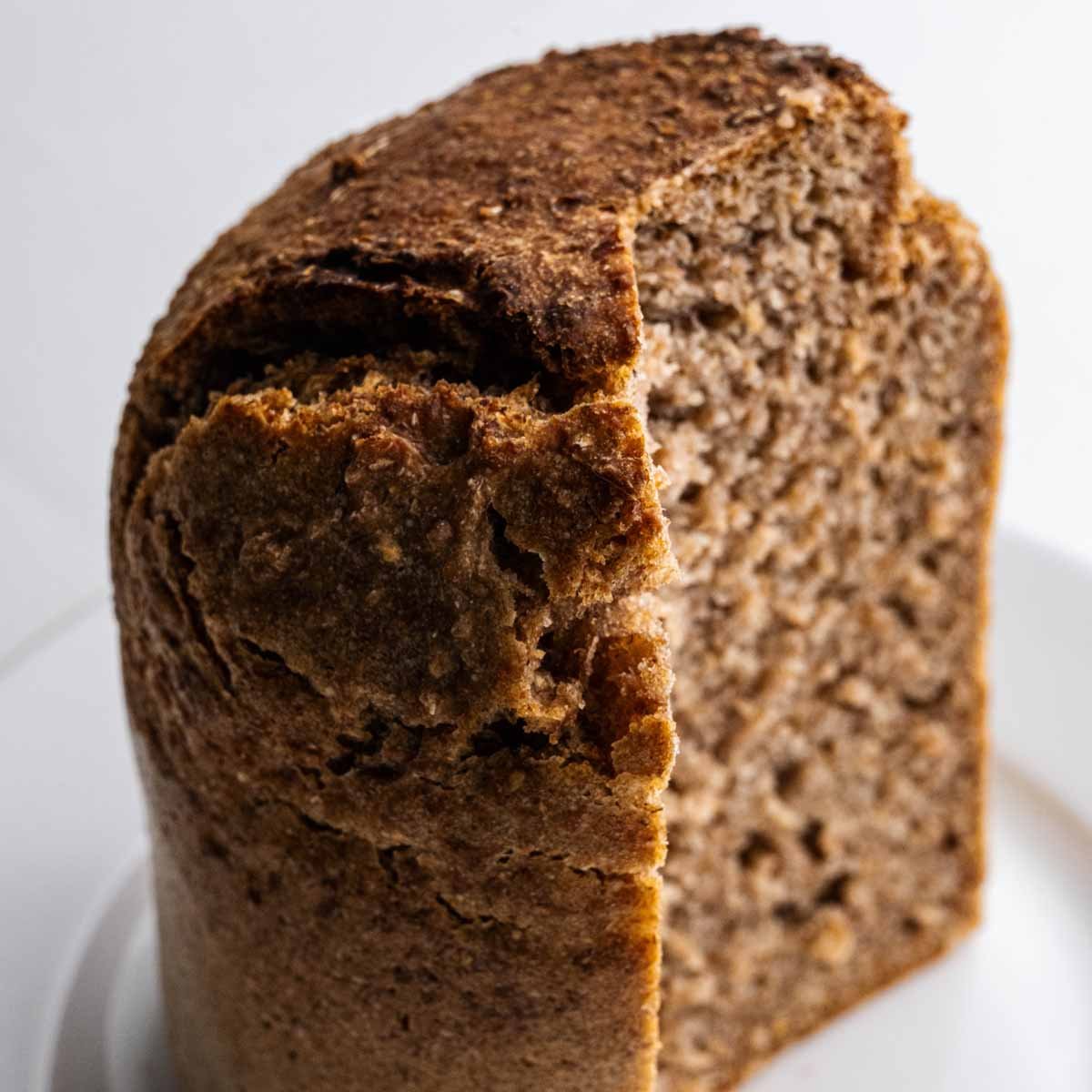 Das Roggenvollkornbrot aus der Dose von Deiser's naturally baked goods angeschnitten, die feinporige Krume und kräftige Kruste des Vollkornroggenbrots sind gut zu sehen.