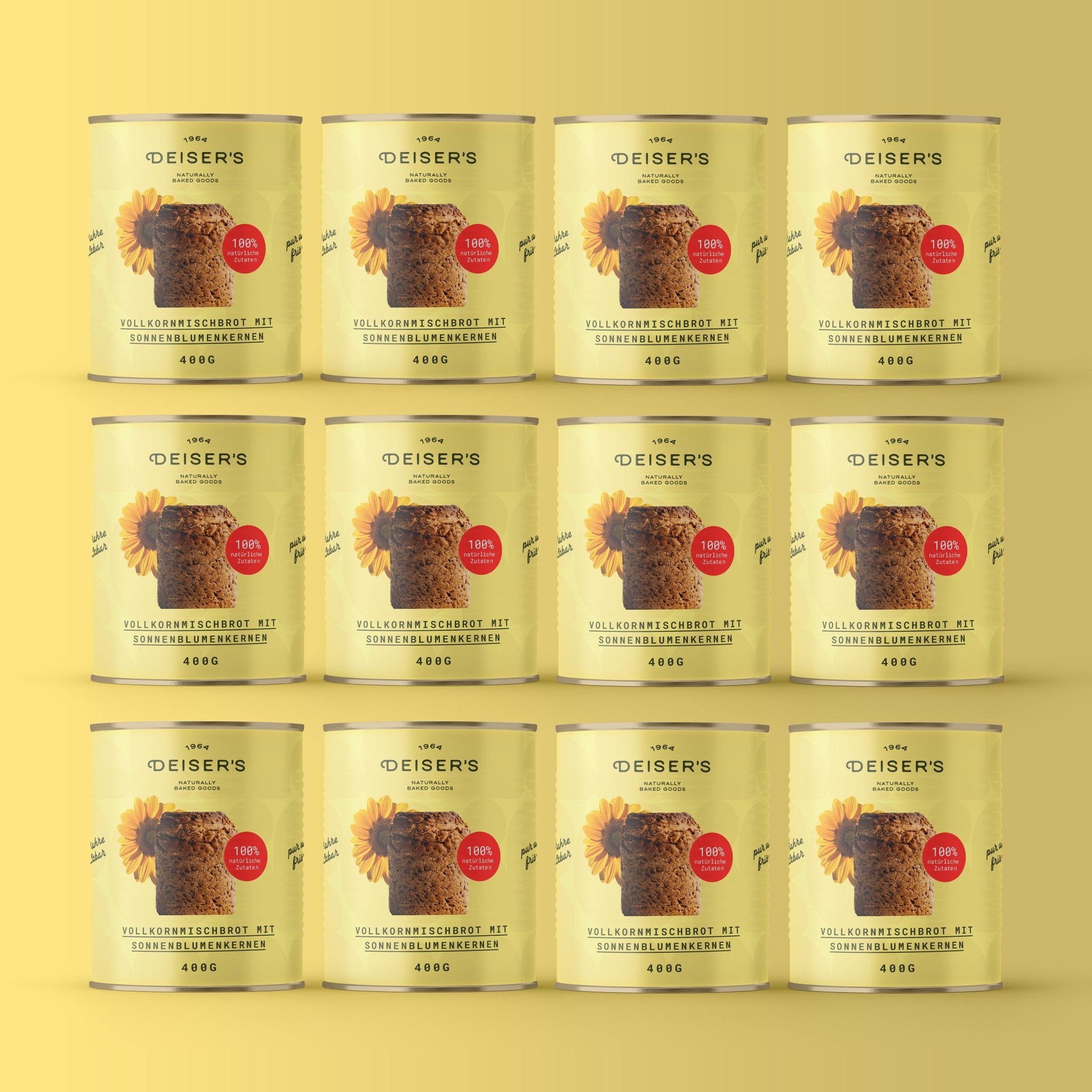 12 Stück Deiser's Original Dosenbrot, und zwar das Sonnenblumenbrot à 400g pro Dose.